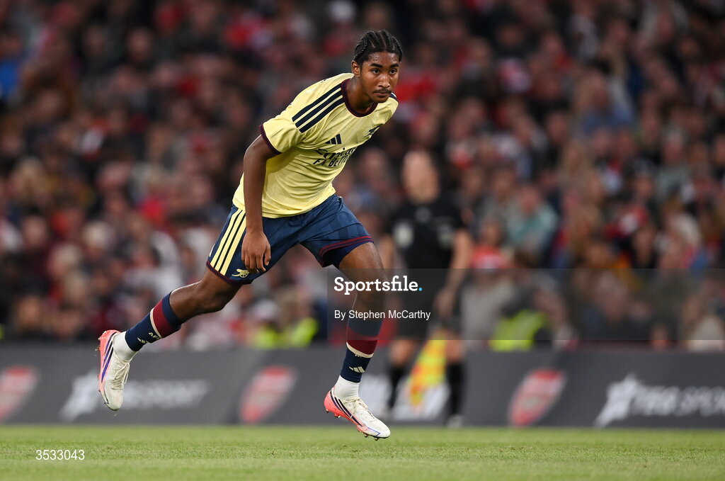 5 August 2026; Marli Salmon of Arsenal during the pre-season friendly match between Arsenal and Real Betis at the Aviva Stadium in Dublin. Photo by Stephen McCarthy/Sportsfile