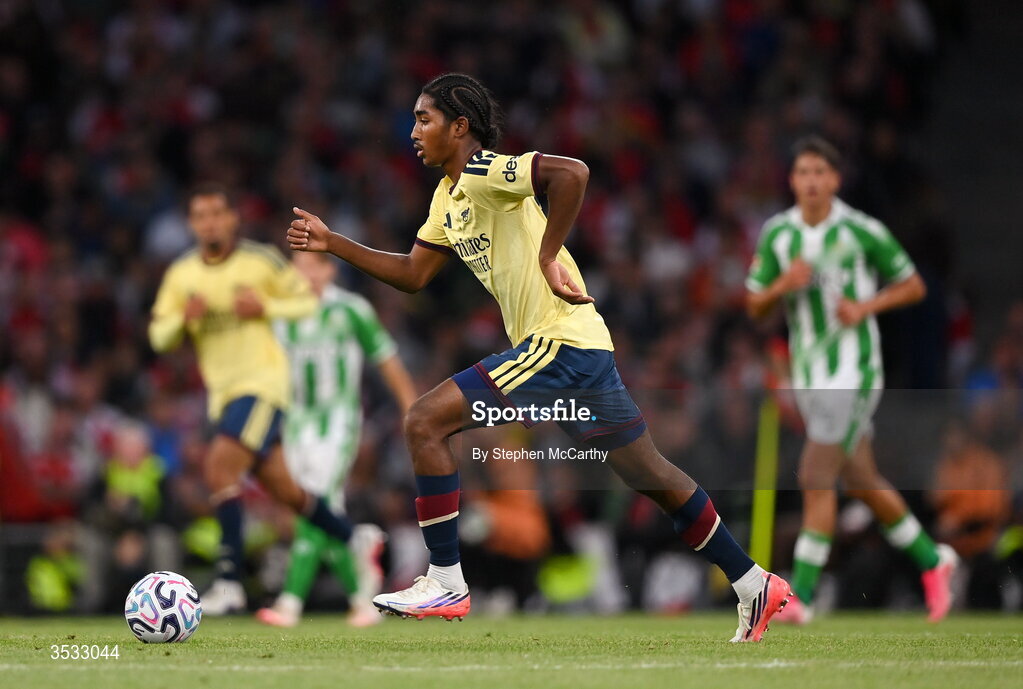 5 August 2026; Marli Salmon of Arsenal during the pre-season friendly match between Arsenal and Real Betis at the Aviva Stadium in Dublin. Photo by Stephen McCarthy/Sportsfile