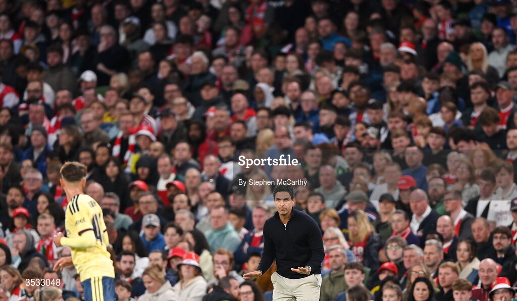 5 August 2026; Arsenal manager Mikel Arteta during the pre-season friendly match between Arsenal and Real Betis at the Aviva Stadium in Dublin. Photo by Stephen McCarthy/Sportsfile