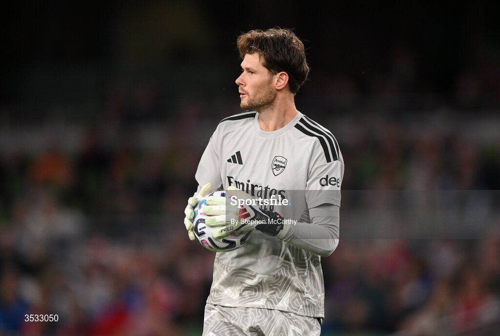 5 August 2026; Arsenal goalkeeper Illan Meslier during the pre-season friendly match between Arsenal and Real Betis at the Aviva Stadium in Dublin. Photo by Stephen McCarthy/Sportsfile