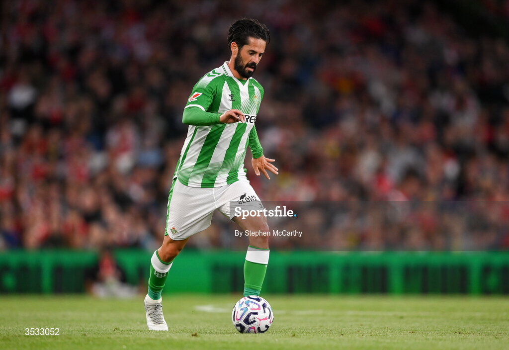 5 August 2026; Isco Alarcon of Real Betis during the pre-season friendly match between Arsenal and Real Betis at the Aviva Stadium in Dublin. Photo by Stephen McCarthy/Sportsfile