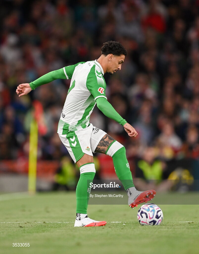 5 August 2026; Antony of Real Betis during the pre-season friendly match between Arsenal and Real Betis at the Aviva Stadium in Dublin. Photo by Stephen McCarthy/Sportsfile
