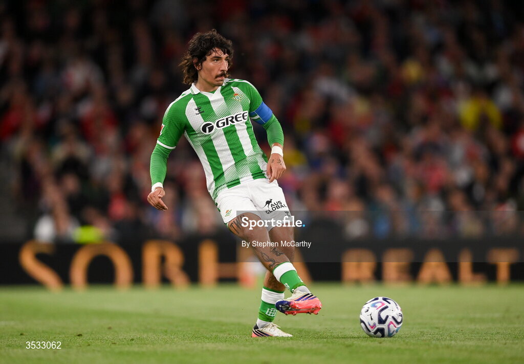 5 August 2026; Héctor Bellerín of Real Betis during the pre-season friendly match between Arsenal and Real Betis at the Aviva Stadium in Dublin. Photo by Stephen McCarthy/Sportsfile