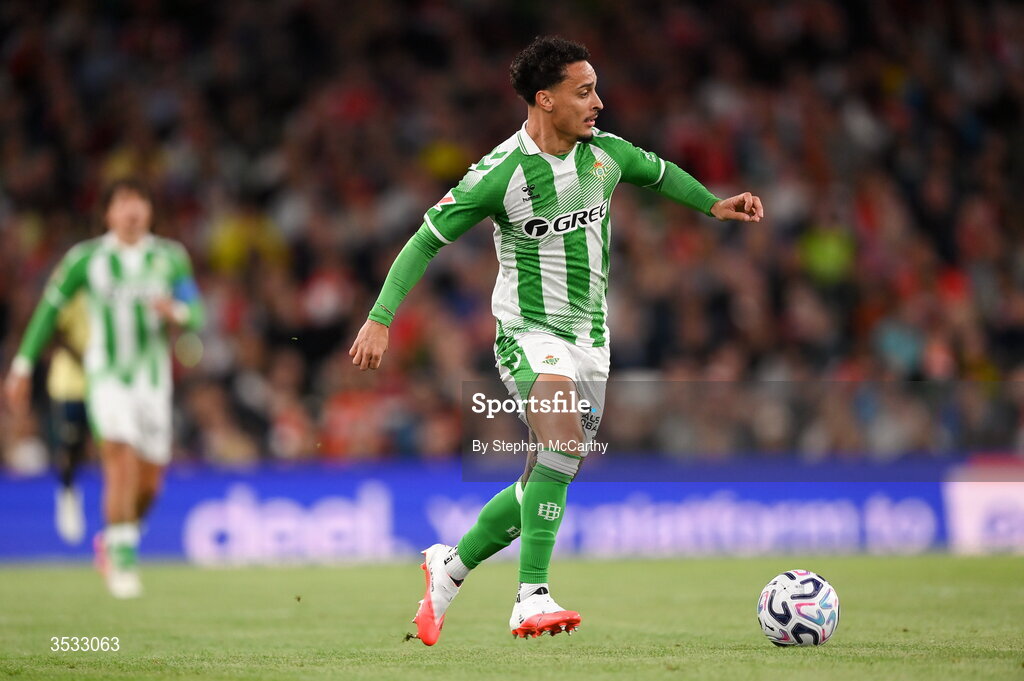 5 August 2026; Antony of Real Betis during the pre-season friendly match between Arsenal and Real Betis at the Aviva Stadium in Dublin. Photo by Stephen McCarthy/Sportsfile