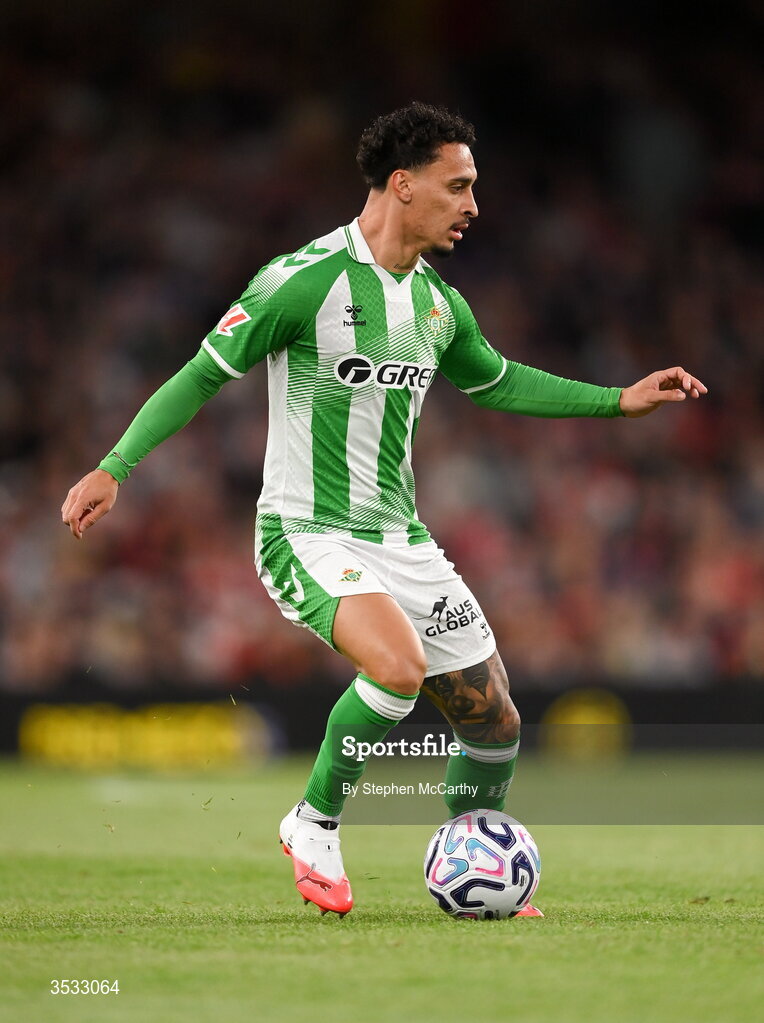 5 August 2026; Antony of Real Betis during the pre-season friendly match between Arsenal and Real Betis at the Aviva Stadium in Dublin. Photo by Stephen McCarthy/Sportsfile