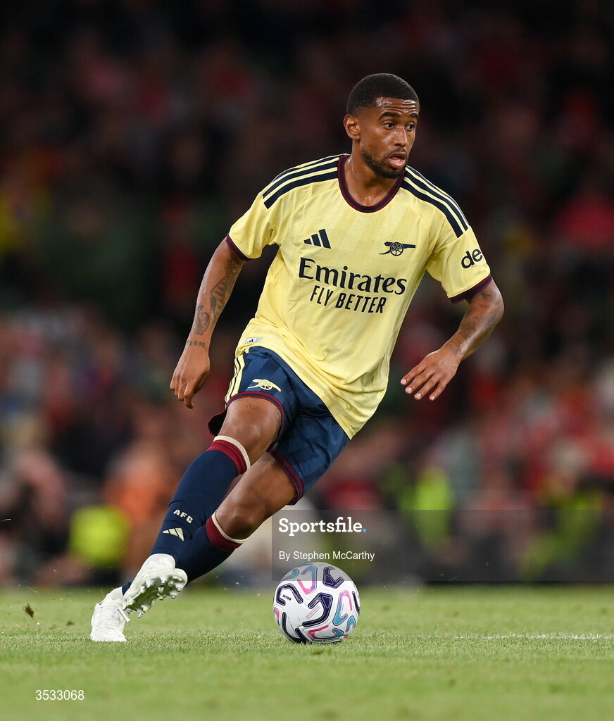 5 August 2026; Reiss Nelson of Arsenal during the pre-season friendly match between Arsenal and Real Betis at the Aviva Stadium in Dublin. Photo by Stephen McCarthy/Sportsfile