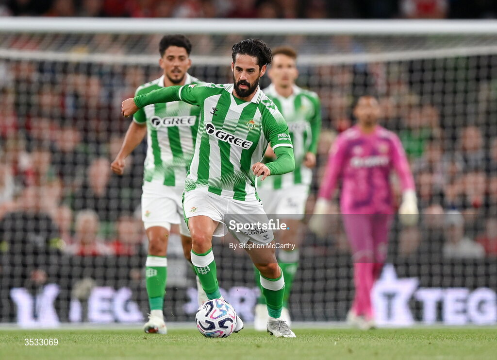 5 August 2026; Isco Alarcon of Real Betis during the pre-season friendly match between Arsenal and Real Betis at the Aviva Stadium in Dublin. Photo by Stephen McCarthy/Sportsfile