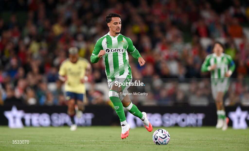 5 August 2026; Antony of Real Betis during the pre-season friendly match between Arsenal and Real Betis at the Aviva Stadium in Dublin. Photo by Stephen McCarthy/Sportsfile