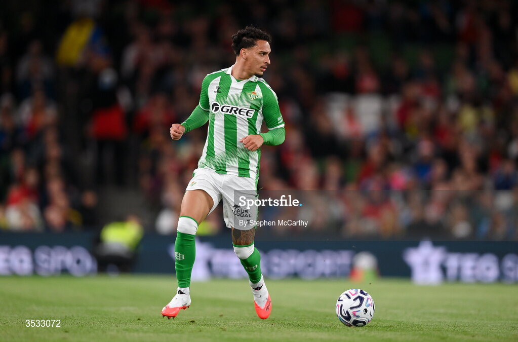 5 August 2026; Antony of Real Betis during the pre-season friendly match between Arsenal and Real Betis at the Aviva Stadium in Dublin. Photo by Stephen McCarthy/Sportsfile