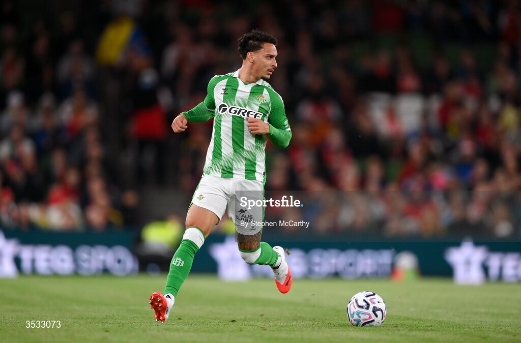 5 August 2026; Antony of Real Betis during the pre-season friendly match between Arsenal and Real Betis at the Aviva Stadium in Dublin. Photo by Stephen McCarthy/Sportsfile