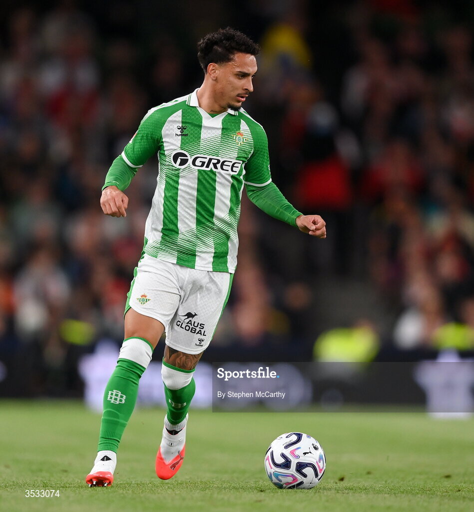 5 August 2026; Antony of Real Betis during the pre-season friendly match between Arsenal and Real Betis at the Aviva Stadium in Dublin. Photo by Stephen McCarthy/Sportsfile