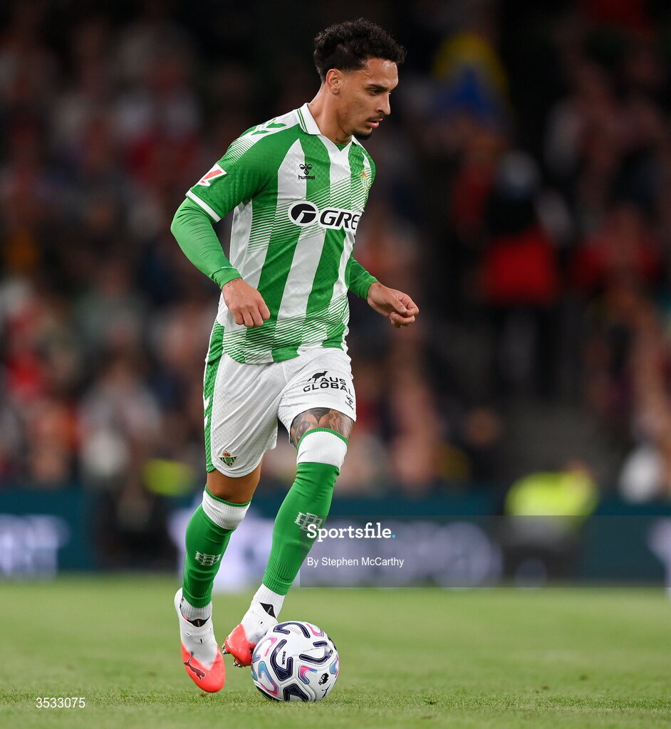 5 August 2026; Antony of Real Betis during the pre-season friendly match between Arsenal and Real Betis at the Aviva Stadium in Dublin. Photo by Stephen McCarthy/Sportsfile
