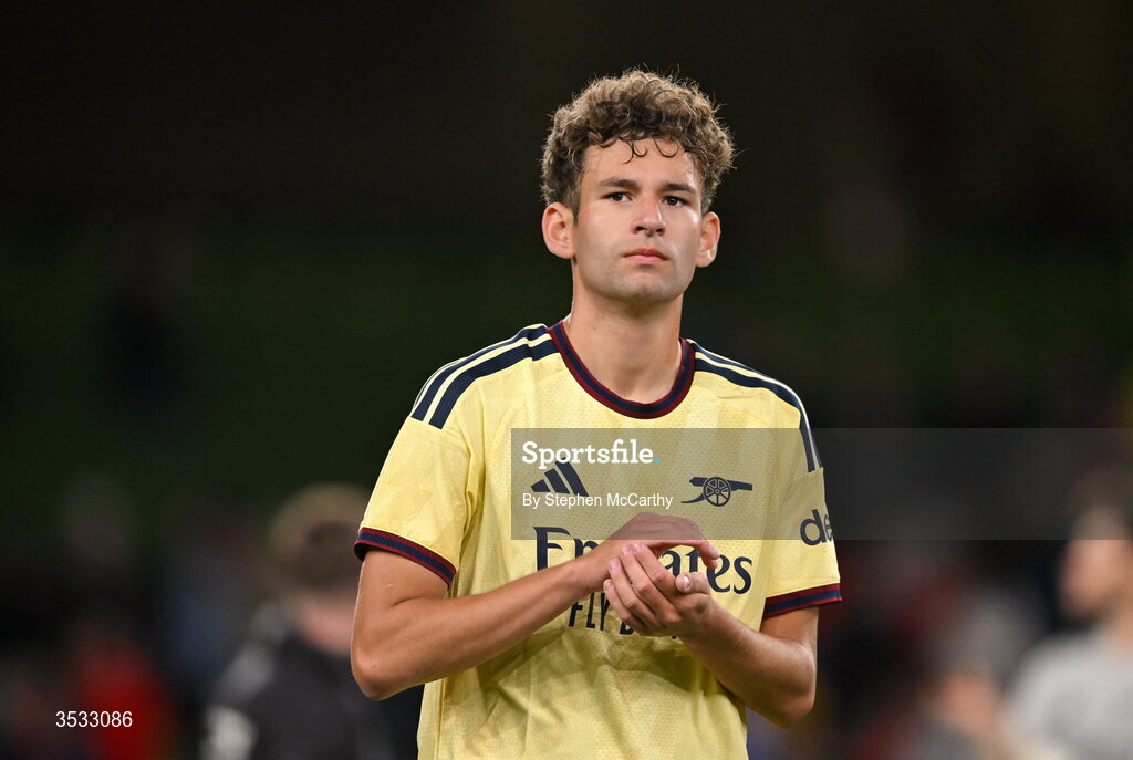 5 August 2026; Brayden Clarke of Arsenal acknowledges his side's supporters during the pre-season friendly match between Arsenal and Real Betis at the Aviva Stadium in Dublin. Photo by Stephen McCarthy/Sportsfile