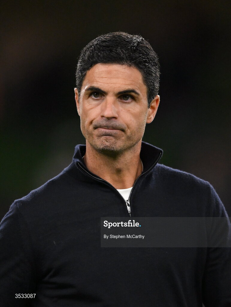5 August 2026; Arsenal manager Mikel Arteta after the pre-season friendly match between Arsenal and Real Betis at the Aviva Stadium in Dublin. Photo by Stephen McCarthy/Sportsfile