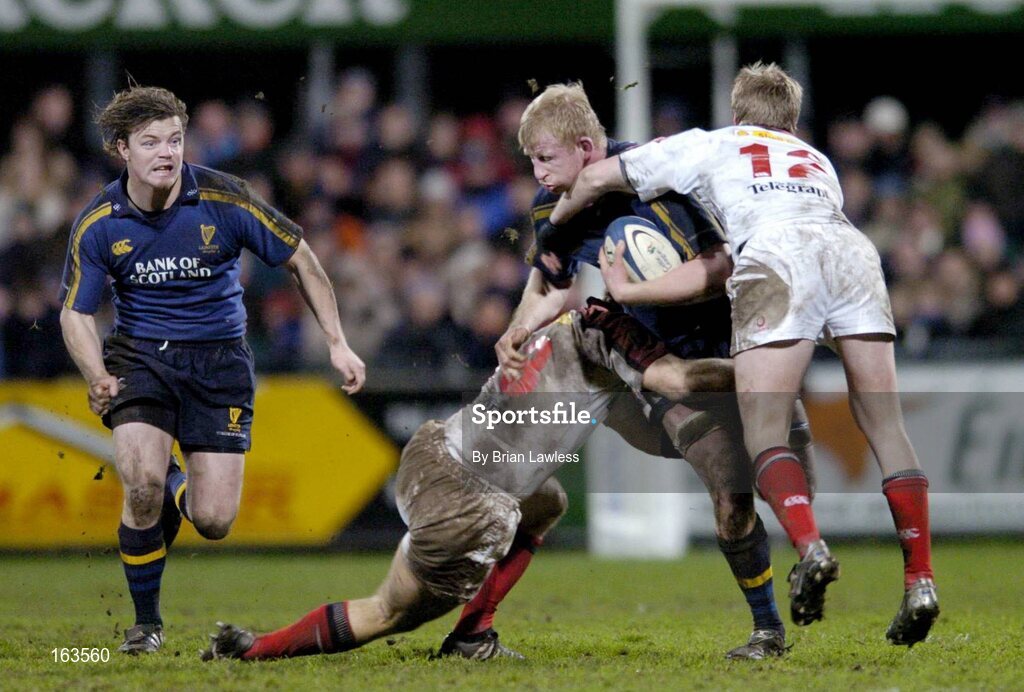 27 December 2004; Leo Cullen, Leinster, supported by team-mate Brian O'Driscoll, in action against Kevin Maggs, left, and Paul Steinmetz, Ulster. Celtic League 2004-2005, Pool 1, Leinster v Ulster, Donnybrook, Dublin. Picture credit; Brian Lawless / SPORTSFILE
