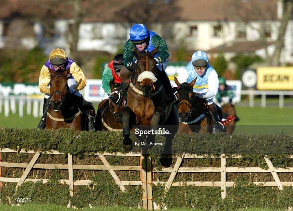 29 December 2004; Macs Joy, with Barry Geraghty up, jumps the last on their way to winning the Bewleys Hotels December Festival Hurdle, from second place Brave Inca, left, with Barry Cash, fourth place Solerina with Gary Hutchinson and third place Hardy Eustace with Conor O'Dwyer, right. Leopardstown Racecourse, Dublin. Picture credit; Matt Browne / SPORTSFILE