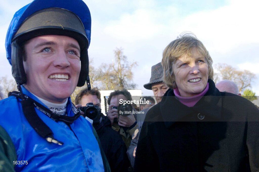 29 December 2004; Jessica Harrington, trainer, with jockey Barry Geraghty, left, after Macs Joy had won the Bewleys Hotels December Festival Hurdle. Leopardstown Racecourse, Dublin. Picture credit; Matt Browne / SPORTSFILE