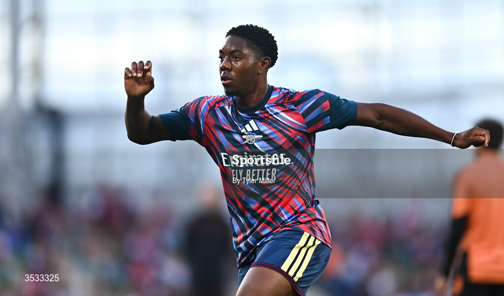 5 August 2026; Myles Lewis-Skelly of Arsenal before the pre-season friendly match between Arsenal and Real Betis at the Aviva Stadium in Dublin. Photo by Tyler Miller/Sportsfile