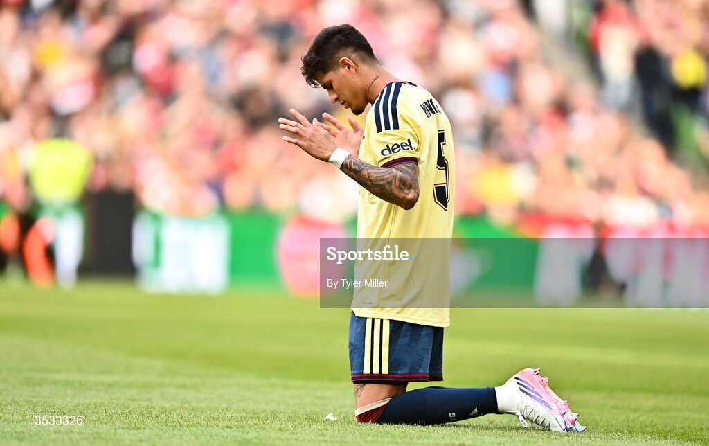 5 August 2026; Piero Hincapié of Arsenal before the pre-season friendly match between Arsenal and Real Betis at the Aviva Stadium in Dublin. Photo by Tyler Miller/Sportsfile