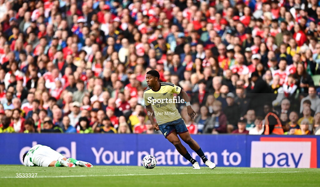 5 August 2026; Myles Lewis-Skelly of Arsenal during the pre-season friendly match between Arsenal and Real Betis at the Aviva Stadium in Dublin. Photo by Tyler Miller/Sportsfile