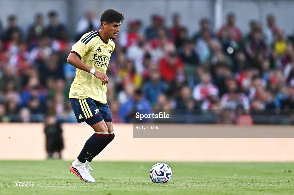 5 August 2026; Piero Hincapié of Arsenal during the pre-season friendly match between Arsenal and Real Betis at the Aviva Stadium in Dublin. Photo by Tyler Miller/Sportsfile