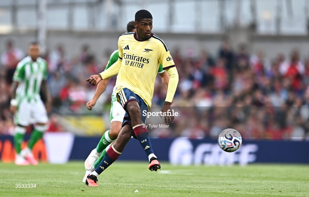 5 August 2026; Cristhian Mosquera of Arsenal during the pre-season friendly match between Arsenal and Real Betis at the Aviva Stadium in Dublin. Photo by Tyler Miller/Sportsfile