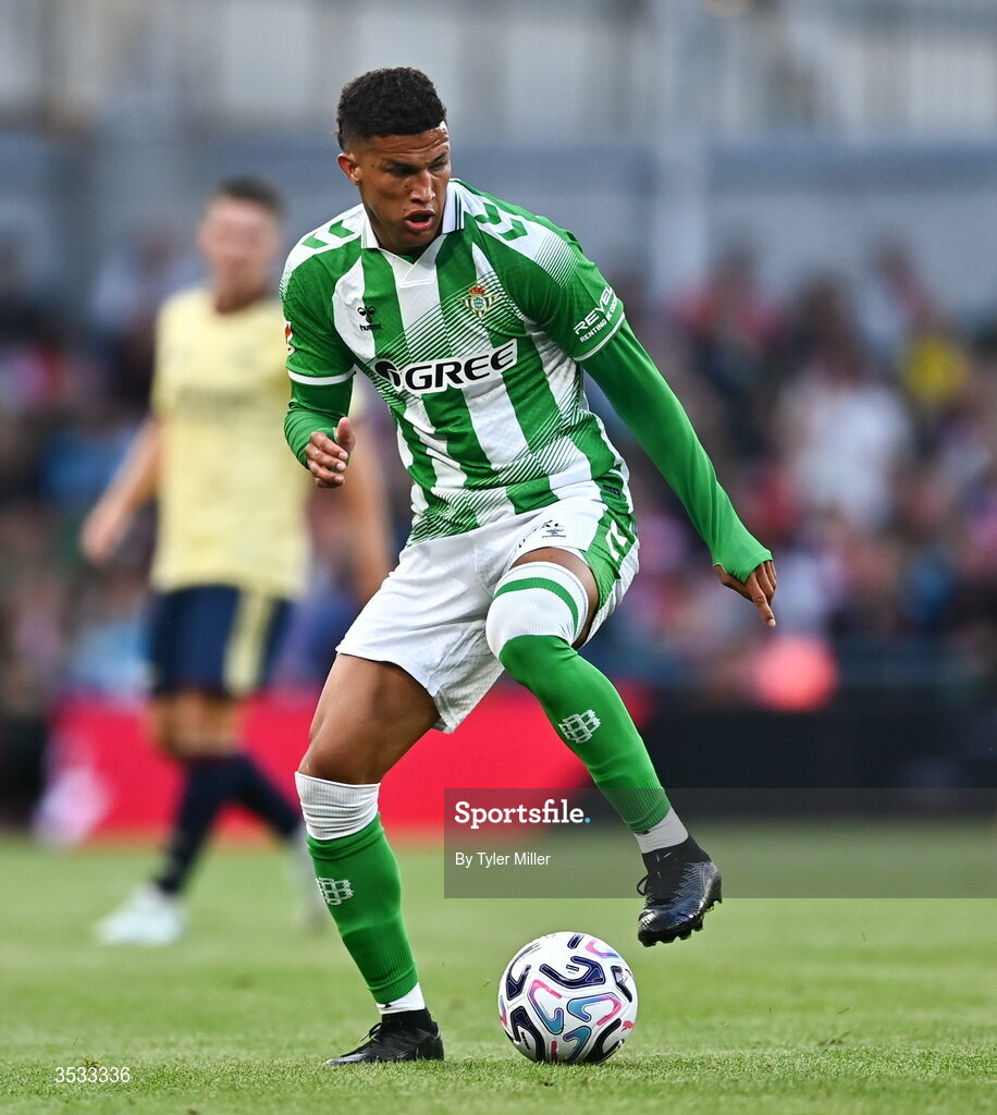 5 August 2026; Nelson Deossa of Real Betis during the pre-season friendly match between Arsenal and Real Betis at the Aviva Stadium in Dublin. Photo by Tyler Miller/Sportsfile
