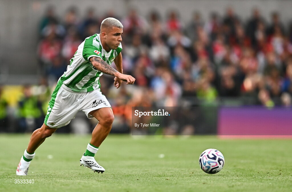 5 August 2026; Pablo Garcia of Real Betis during the pre-season friendly match between Arsenal and Real Betis at the Aviva Stadium in Dublin. Photo by Tyler Miller/Sportsfile