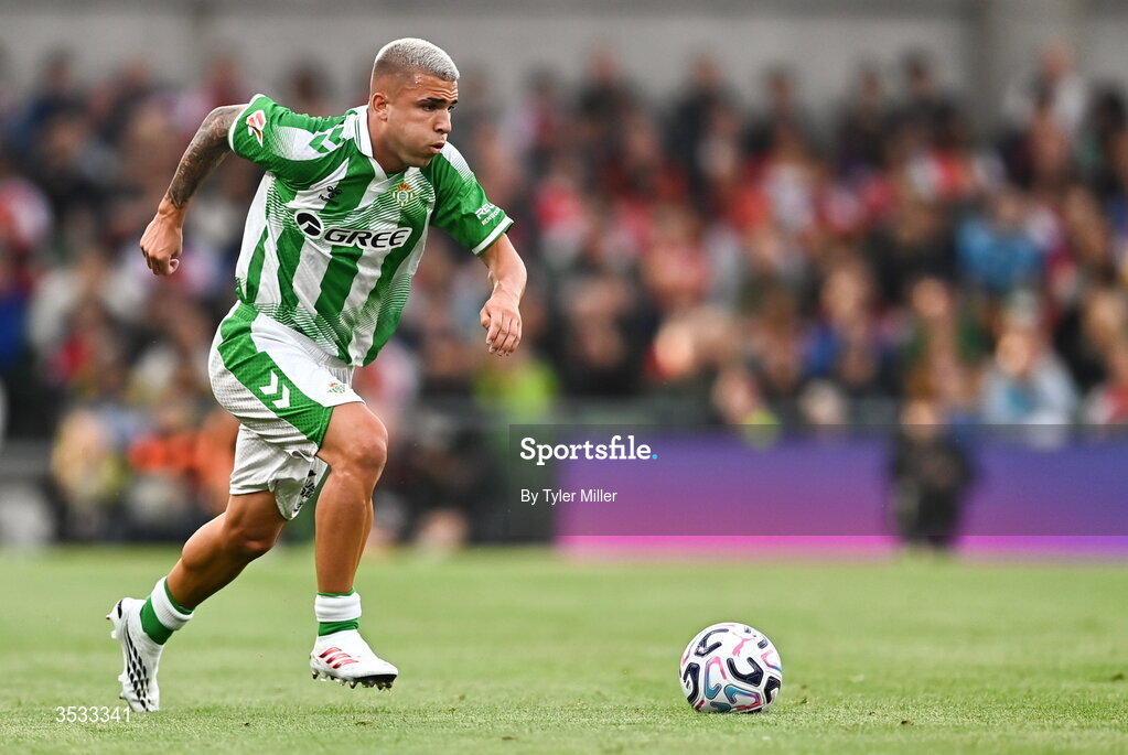 5 August 2026; Pablo Garcia of Real Betis during the pre-season friendly match between Arsenal and Real Betis at the Aviva Stadium in Dublin. Photo by Tyler Miller/Sportsfile