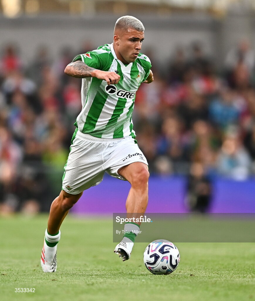5 August 2026; Pablo Garcia of Real Betis during the pre-season friendly match between Arsenal and Real Betis at the Aviva Stadium in Dublin. Photo by Tyler Miller/Sportsfile