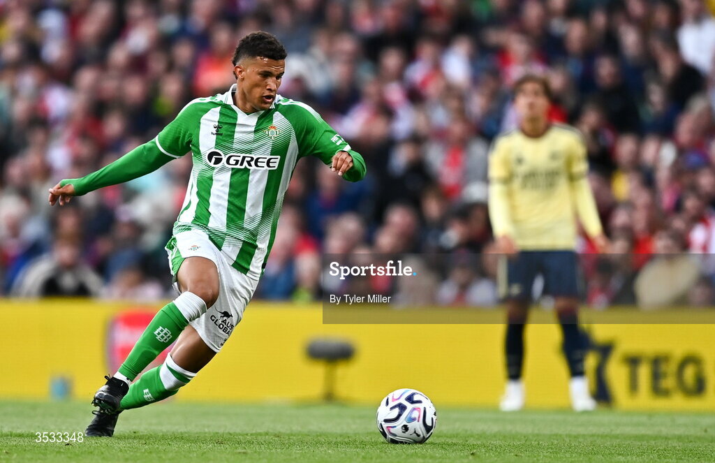 5 August 2026; Nelson Deossa of Real Betis during the pre-season friendly match between Arsenal and Real Betis at the Aviva Stadium in Dublin. Photo by Tyler Miller/Sportsfile