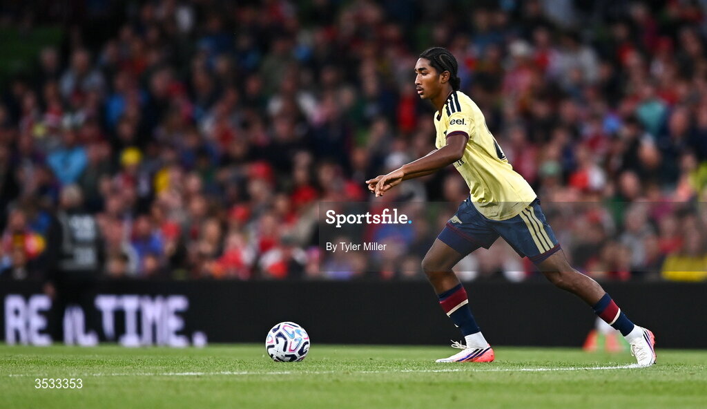 5 August 2026; Marli Salmon of Arsenal during the pre-season friendly match between Arsenal and Real Betis at the Aviva Stadium in Dublin. Photo by Tyler Miller/Sportsfile