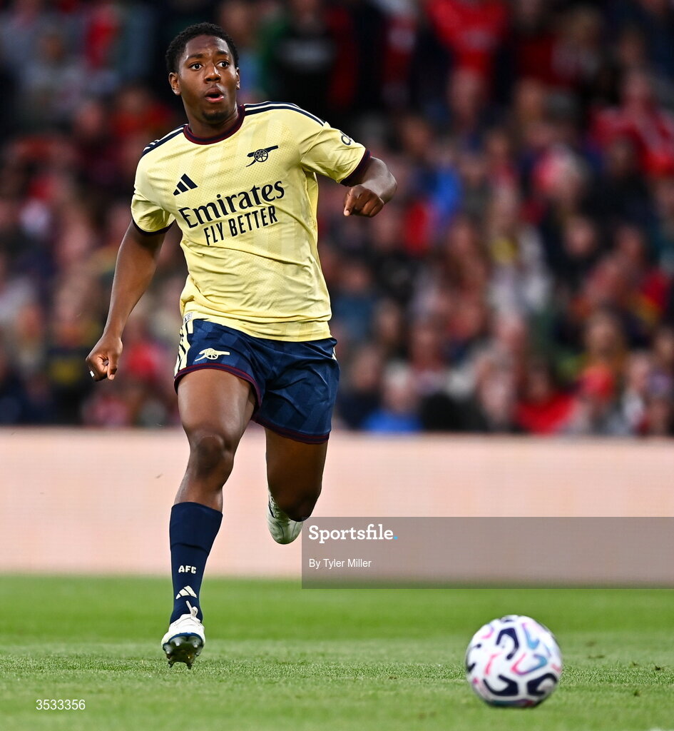 5 August 2026; Myles Lewis-Skelly of Arsenal during the pre-season friendly match between Arsenal and Real Betis at the Aviva Stadium in Dublin. Photo by Tyler Miller/Sportsfile