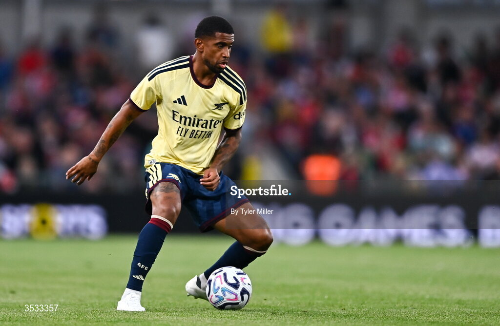 5 August 2026; Reiss Nelson of Arsenal during the pre-season friendly match between Arsenal and Real Betis at the Aviva Stadium in Dublin. Photo by Tyler Miller/Sportsfile