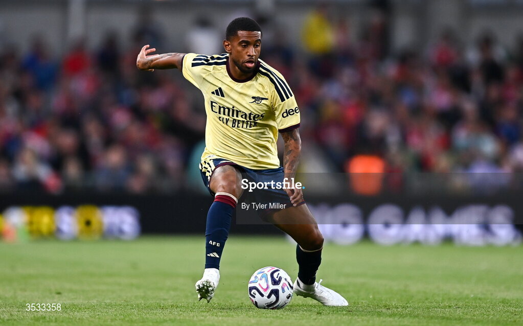 5 August 2026; Reiss Nelson of Arsenal during the pre-season friendly match between Arsenal and Real Betis at the Aviva Stadium in Dublin. Photo by Tyler Miller/Sportsfile