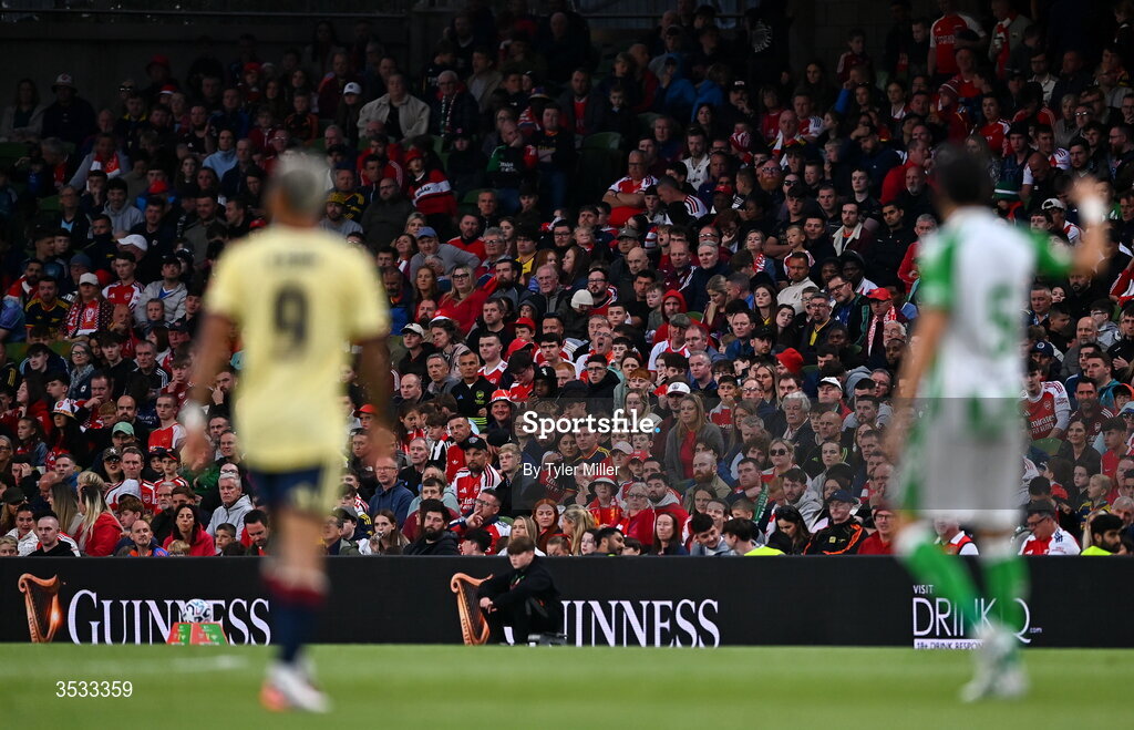 5 August 2026; Supporters watch on during the pre-season friendly match between Arsenal and Real Betis at the Aviva Stadium in Dublin. Photo by Tyler Miller/Sportsfile