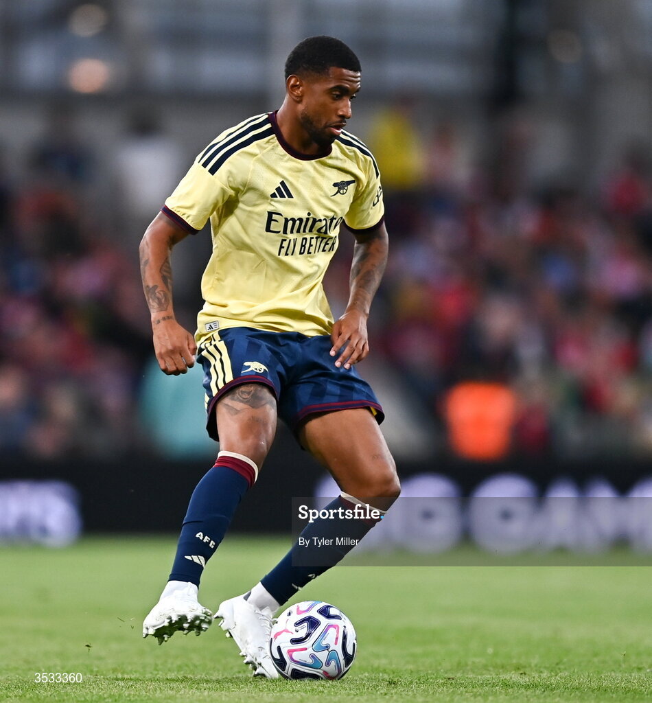 5 August 2026; Reiss Nelson of Arsenal during the pre-season friendly match between Arsenal and Real Betis at the Aviva Stadium in Dublin. Photo by Tyler Miller/Sportsfile