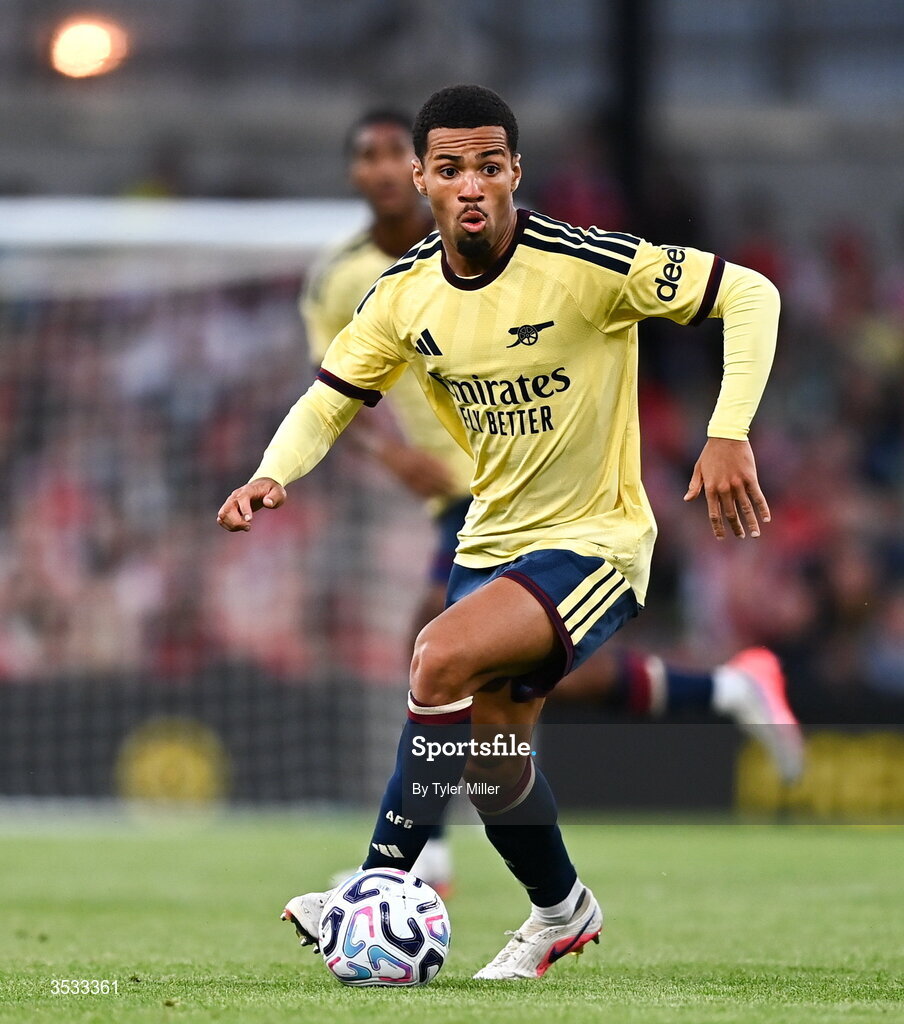 5 August 2026; Ethan Nwaneri of Arsenal during the pre-season friendly match between Arsenal and Real Betis at the Aviva Stadium in Dublin. Photo by Tyler Miller/Sportsfile