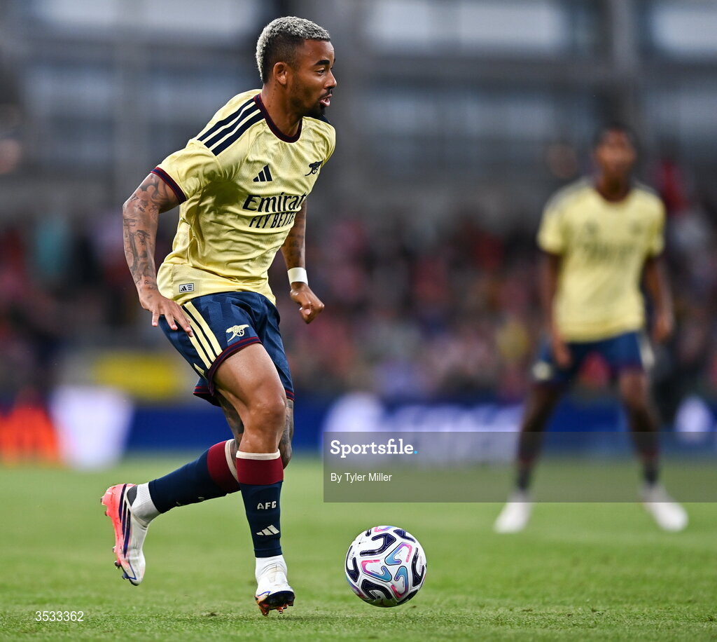 5 August 2026; Gabriel Jesus of Arsenal during the pre-season friendly match between Arsenal and Real Betis at the Aviva Stadium in Dublin. Photo by Tyler Miller/Sportsfile
