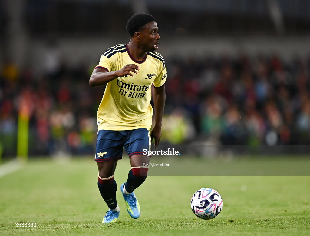 5 August 2026; Ismeal Kabia of Arsenal during the pre-season friendly match between Arsenal and Real Betis at the Aviva Stadium in Dublin. Photo by Tyler Miller/Sportsfile