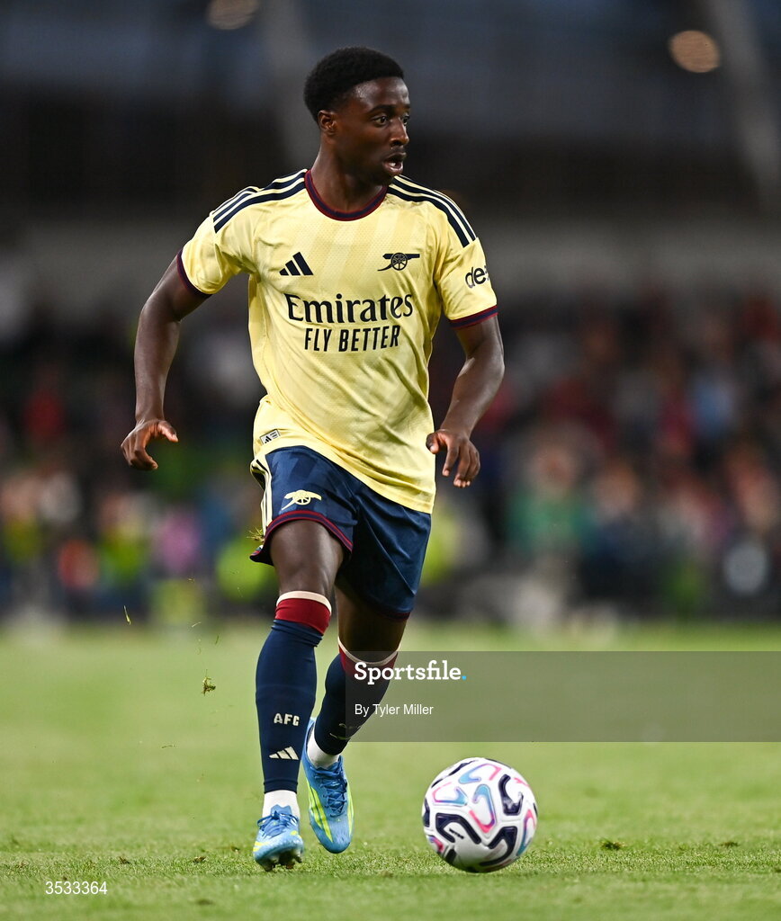 5 August 2026; Ismeal Kabia of Arsenal during the pre-season friendly match between Arsenal and Real Betis at the Aviva Stadium in Dublin. Photo by Tyler Miller/Sportsfile