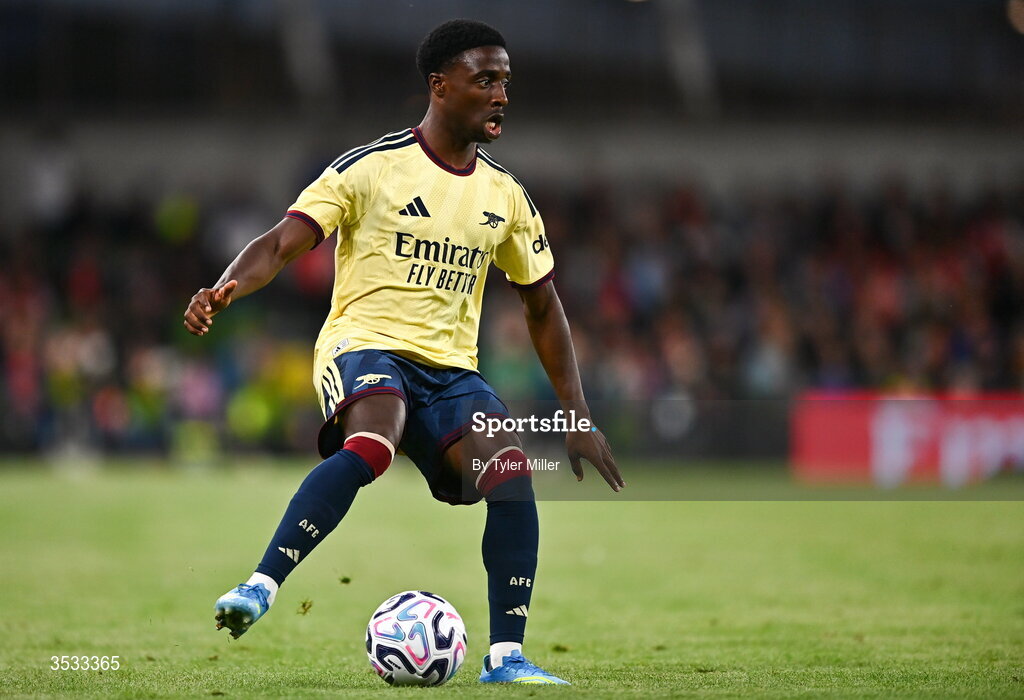 5 August 2026; Ismeal Kabia of Arsenal during the pre-season friendly match between Arsenal and Real Betis at the Aviva Stadium in Dublin. Photo by Tyler Miller/Sportsfile