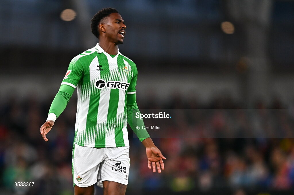 5 August 2026; Junior Firpo of Real Betis during the pre-season friendly match between Arsenal and Real Betis at the Aviva Stadium in Dublin. Photo by Tyler Miller/Sportsfile