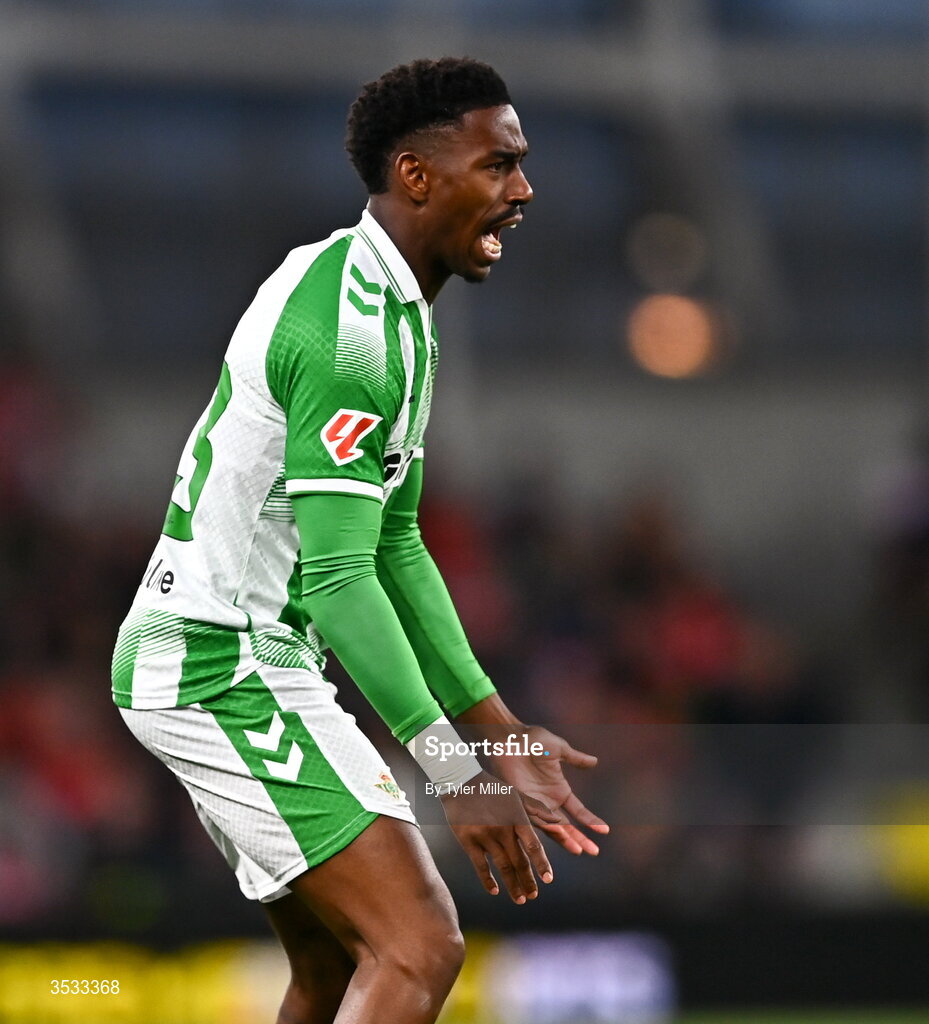 5 August 2026; Junior Firpo of Real Betis during the pre-season friendly match between Arsenal and Real Betis at the Aviva Stadium in Dublin. Photo by Tyler Miller/Sportsfile