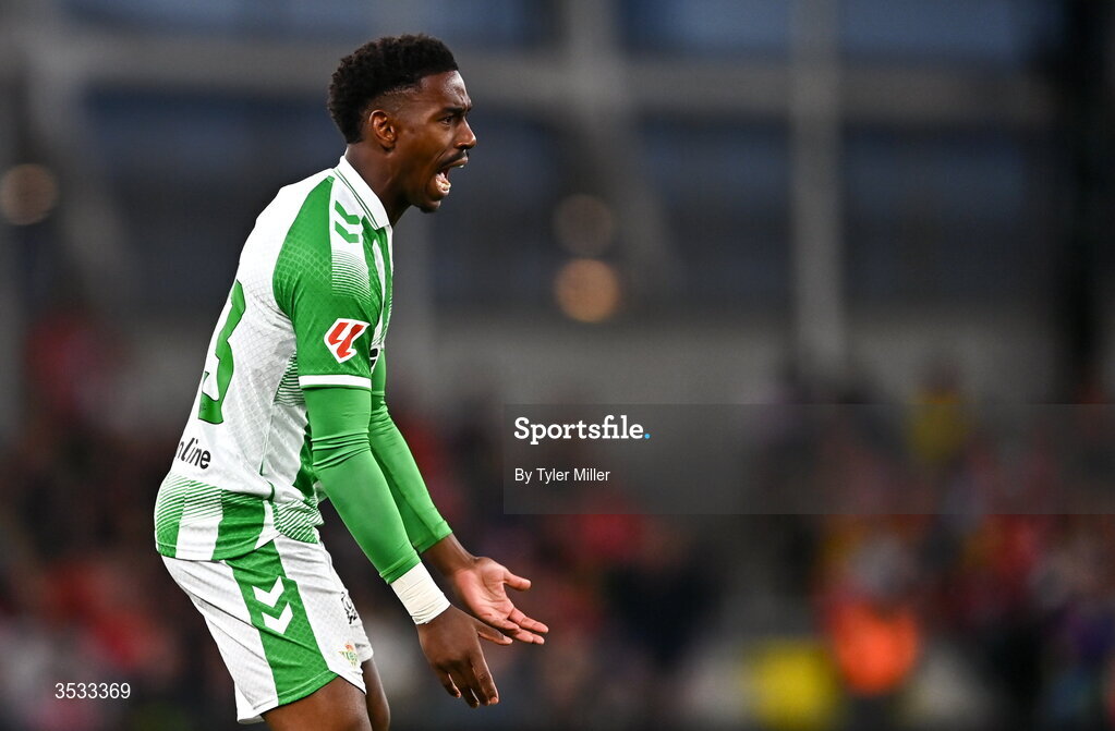 5 August 2026; Junior Firpo of Real Betis during the pre-season friendly match between Arsenal and Real Betis at the Aviva Stadium in Dublin. Photo by Tyler Miller/Sportsfile