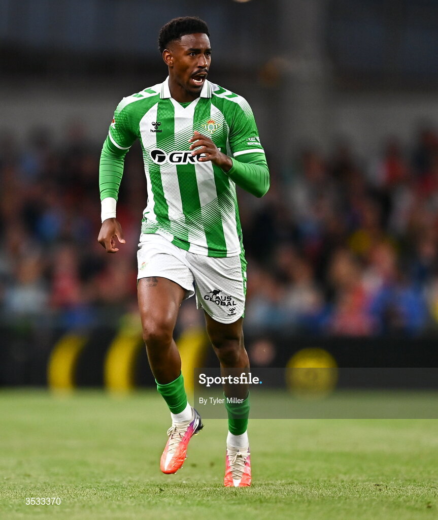 5 August 2026; Junior Firpo of Real Betis during the pre-season friendly match between Arsenal and Real Betis at the Aviva Stadium in Dublin. Photo by Tyler Miller/Sportsfile