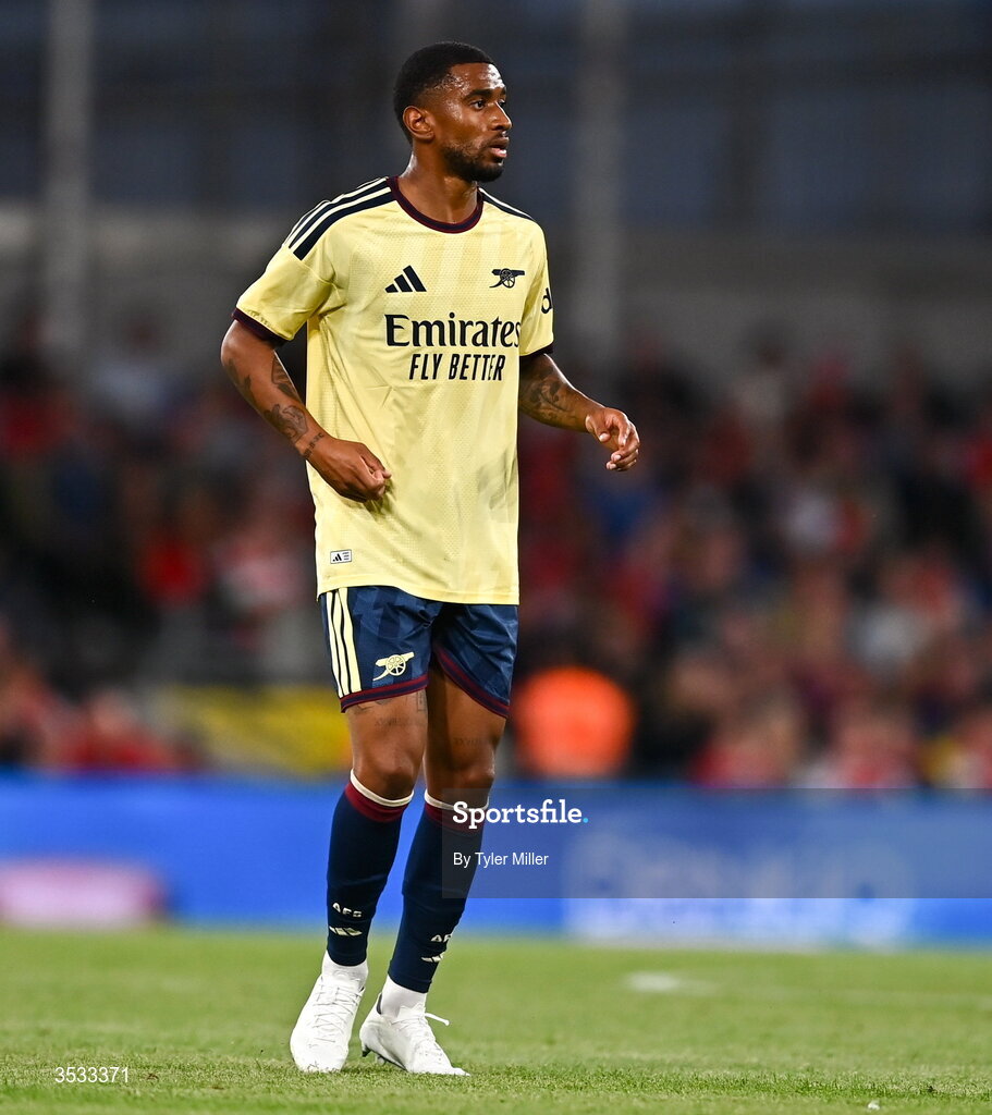 5 August 2026; Reiss Nelson of Arsenal during the pre-season friendly match between Arsenal and Real Betis at the Aviva Stadium in Dublin. Photo by Tyler Miller/Sportsfile