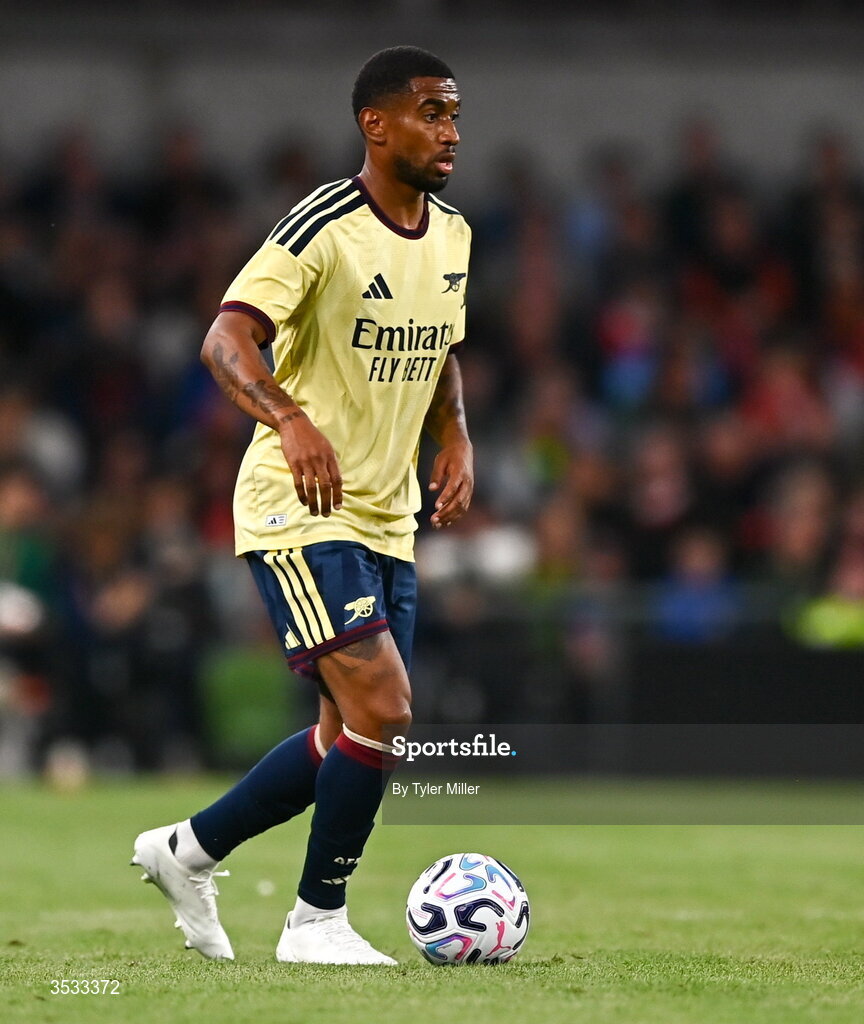 5 August 2026; Reiss Nelson of Arsenal during the pre-season friendly match between Arsenal and Real Betis at the Aviva Stadium in Dublin. Photo by Tyler Miller/Sportsfile