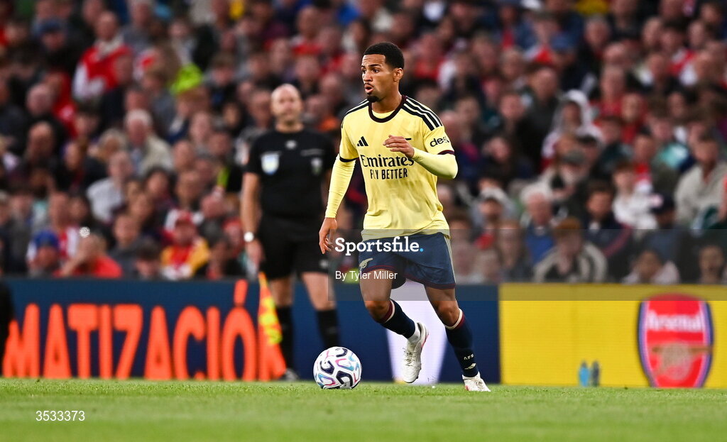 5 August 2026; Gabriel Magalhães of Arsenal during the pre-season friendly match between Arsenal and Real Betis at the Aviva Stadium in Dublin. Photo by Tyler Miller/Sportsfile