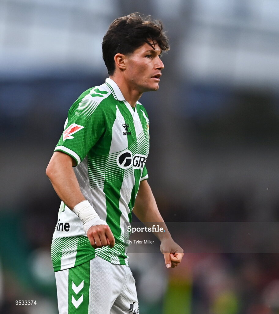 5 August 2026; Fran García of Real Betis during the pre-season friendly match between Arsenal and Real Betis at the Aviva Stadium in Dublin. Photo by Tyler Miller/Sportsfile